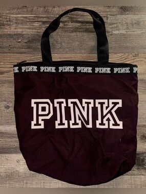 PINK Victoria's Secret Deep Burgundy Canvas Tote with Black Trim maroon shoulder